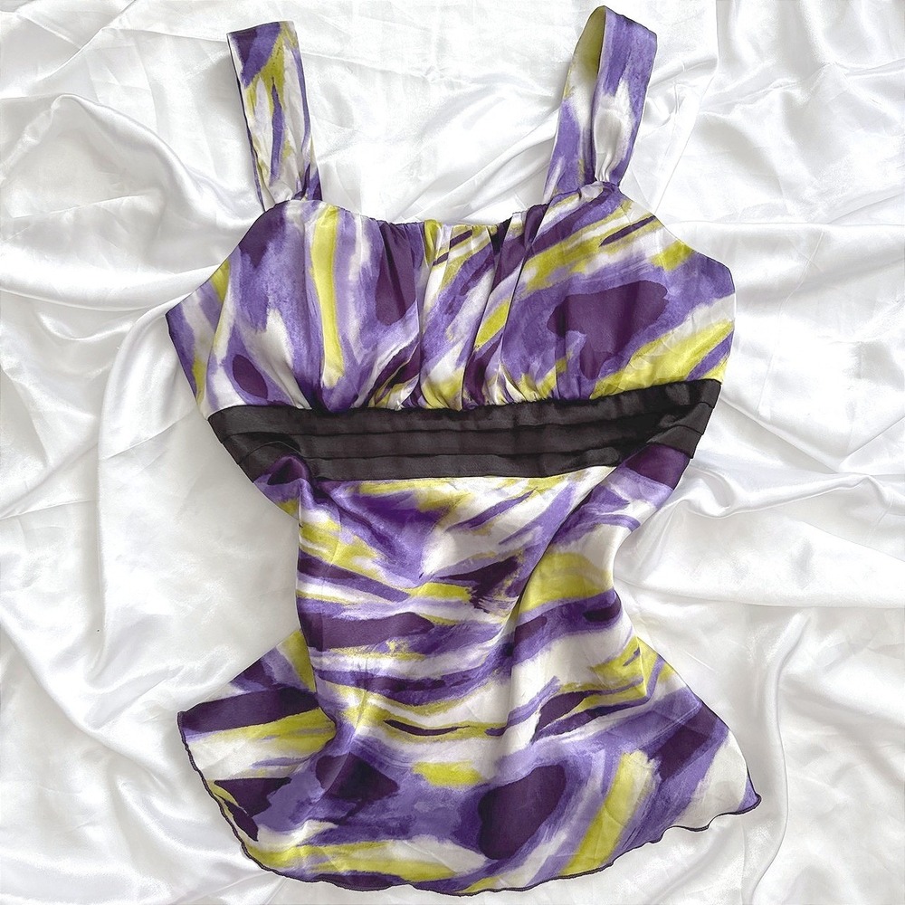 IZ Byer California Women Purple Yellow Abstract Watercolor Empire Waist Top L